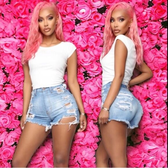 Fashion Nova Jean Shorts Blue Distressed Frayed Ripped Denim Size 11 Waist 30 - Picture 16 of 16